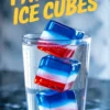 Glass of sparkling water with three red, white, and blue layered ice cubes stacked vertically, labeled “Patriotic Ice Cubes” in bold yellow text. Summer party drink idea with American flag-themed ice cubes.