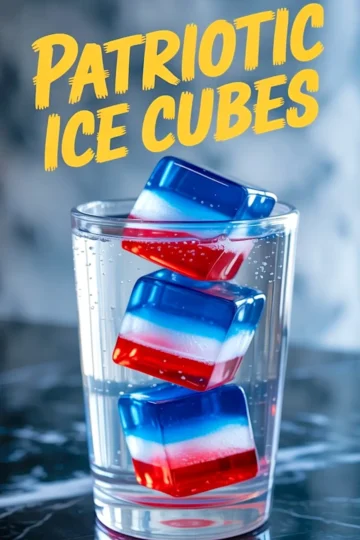 Glass of sparkling water with three red, white, and blue layered ice cubes stacked vertically, labeled “Patriotic Ice Cubes” in bold yellow text. Summer party drink idea with American flag-themed ice cubes.