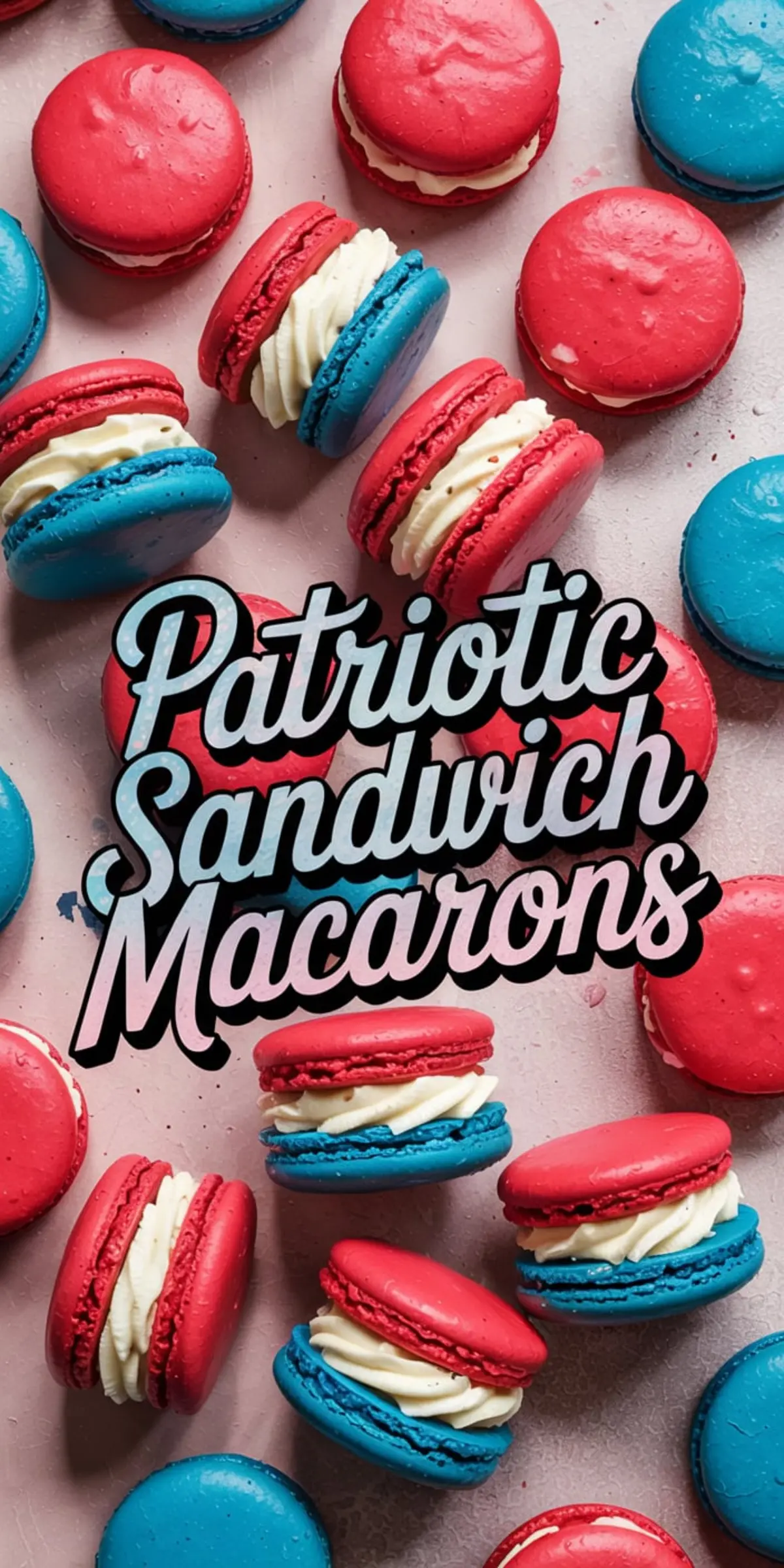 Overhead view of red, white, and blue sandwich macarons scattered on a light pink surface, with bold text overlay reading “Patriotic Sandwich Macarons,” featuring vibrant food styling for festive dessert inspiration.