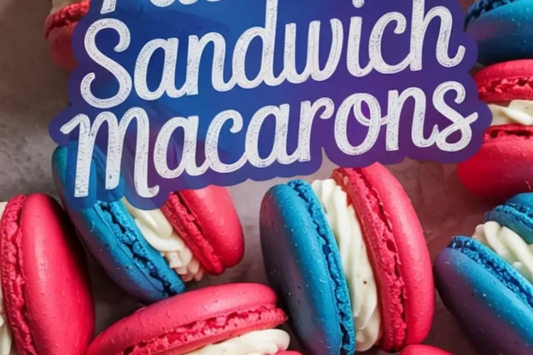 Close-up image of red and blue macarons with creamy white filling arranged in a circle around a “Patriotic Sandwich Macarons” text overlay, highlighting Fourth of July dessert aesthetics.