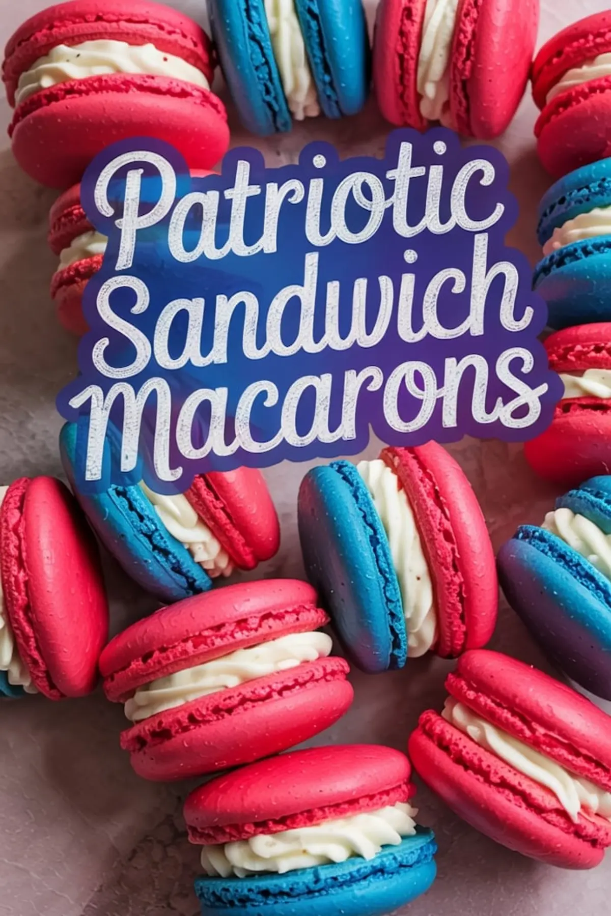 Close-up image of red and blue macarons with creamy white filling arranged in a circle around a “Patriotic Sandwich Macarons” text overlay, highlighting Fourth of July dessert aesthetics.