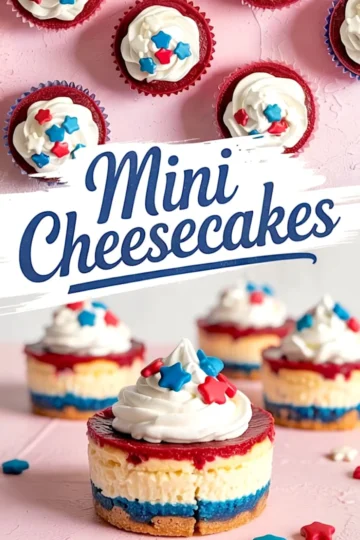 Mini cheesecakes with red fruit topping, creamy white filling, and blue crusts, garnished with piped whipped cream and red, white, and blue star sprinkles.