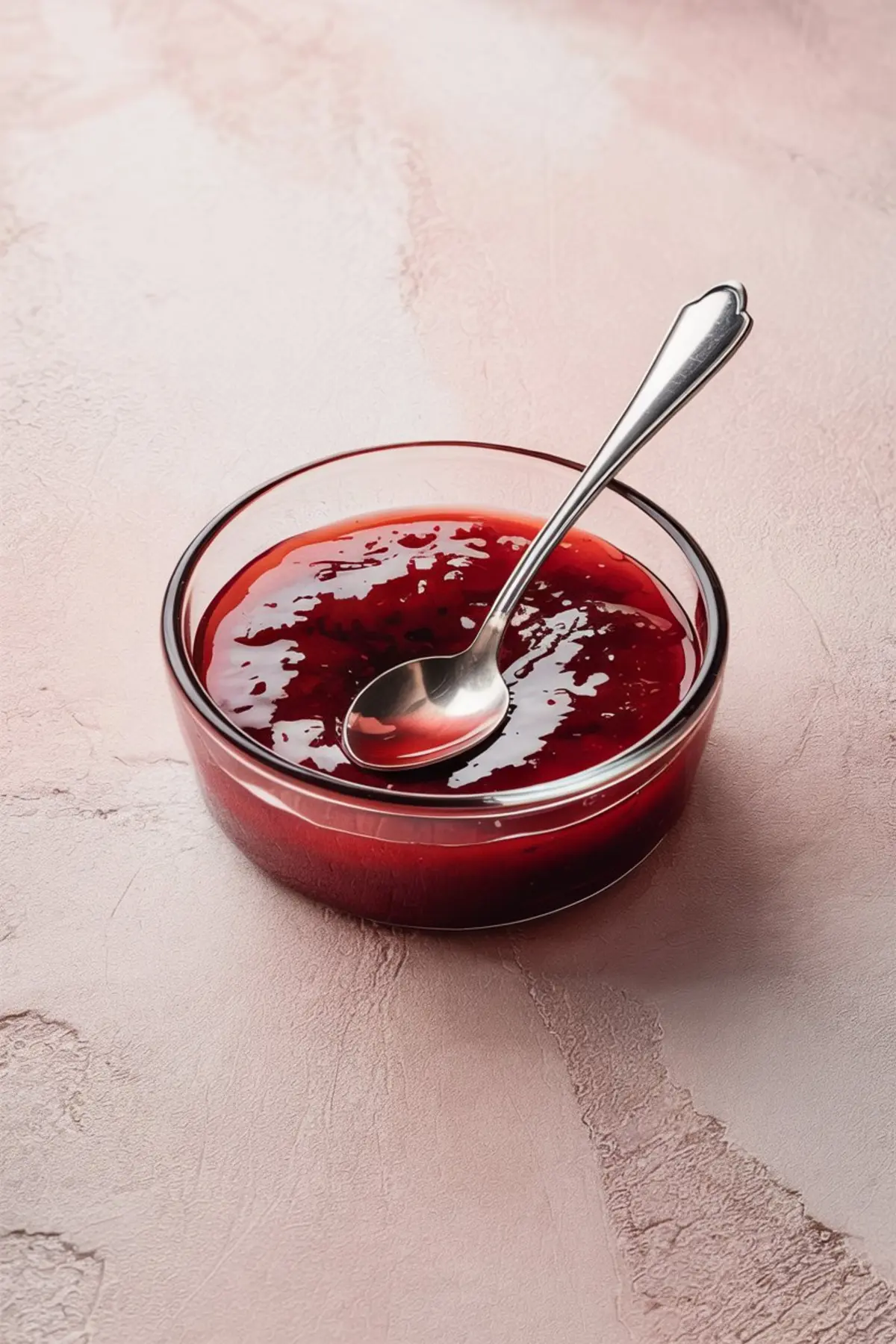 Glass bowl of glossy red berry sauce with a silver spoon, placed on a light pink textured surface.