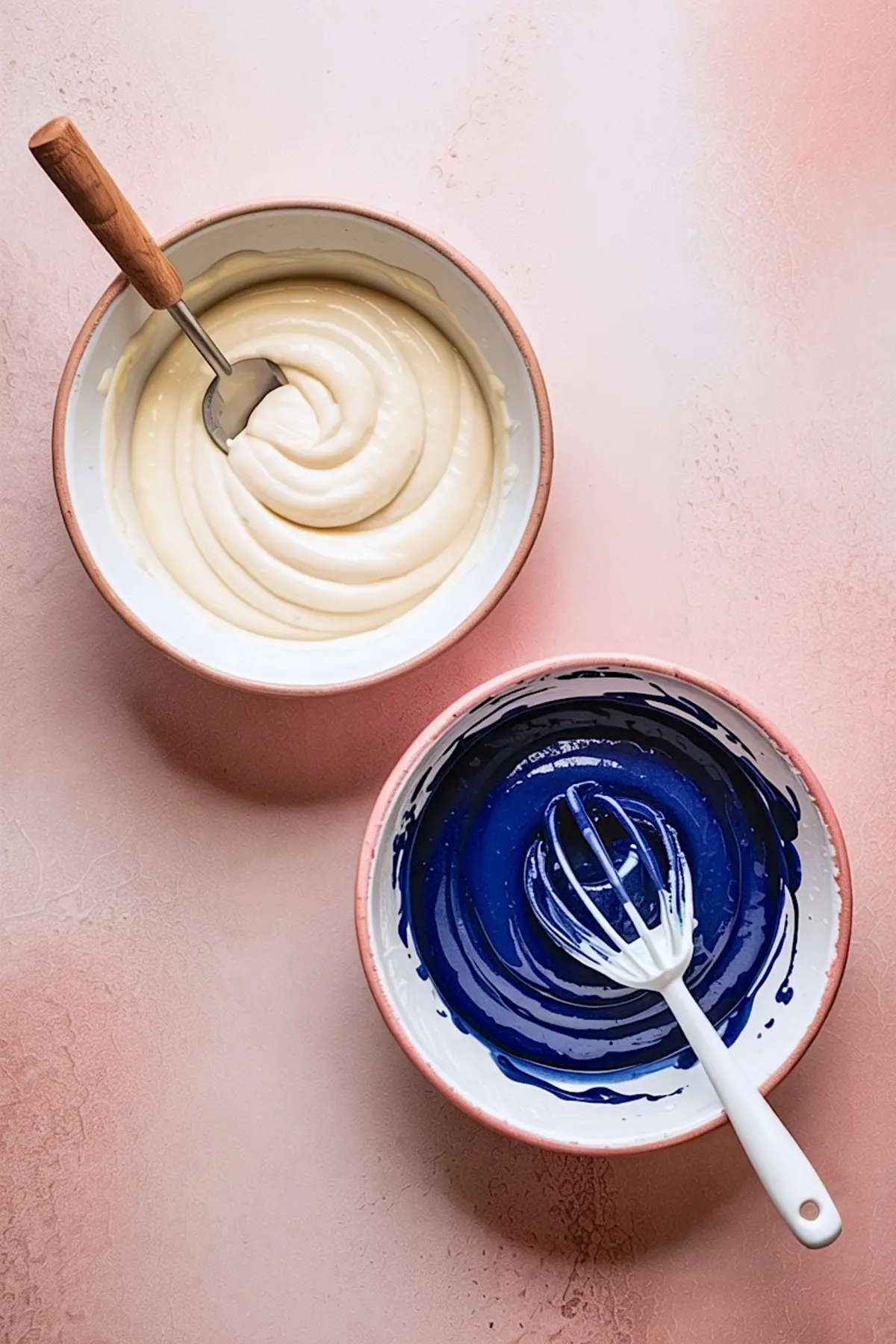 Two mixing bowls with cheesecake batter, one plain and one dyed deep blue, each with a spatula or whisk on a pink background.