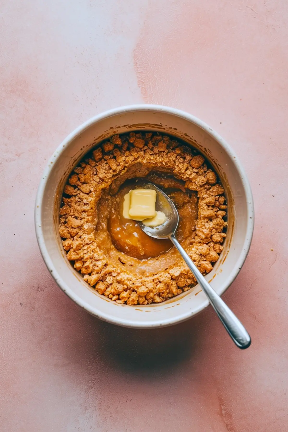 Bowl of crushed graham crackers mixed with melted butter, being stirred with a spoon on a pink surface.