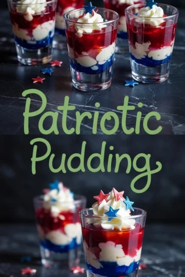 Red, white, and blue layered pudding parfaits in glass cups topped with swirls of whipped cream and patriotic star sprinkles, presented with decorative text overlay reading “Patriotic Pudding” for a holiday dessert theme.