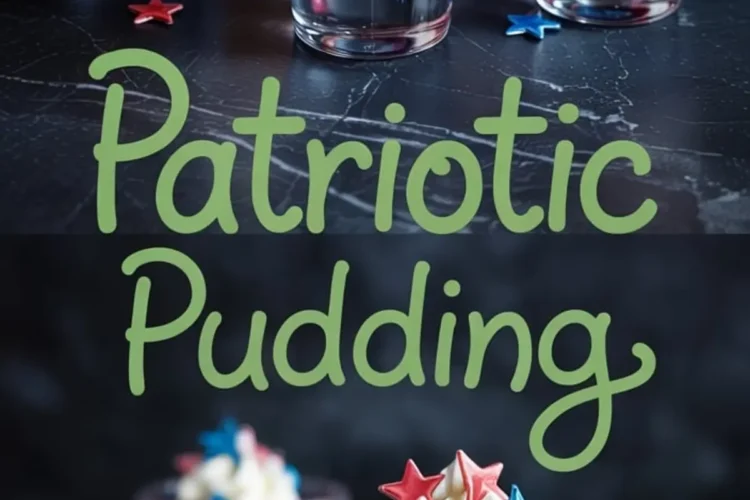 Red, white, and blue layered pudding parfaits in glass cups topped with swirls of whipped cream and patriotic star sprinkles, presented with decorative text overlay reading “Patriotic Pudding” for a holiday dessert theme.