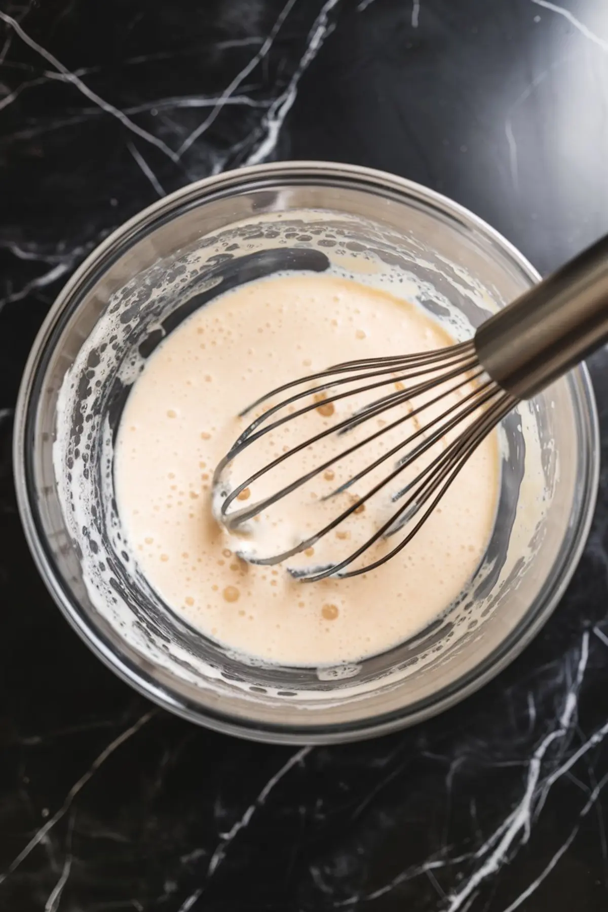 Light vanilla pudding mixture being whisked in a glass bowl on a black marble countertop, showing the preparation stage for a creamy layered dessert.
