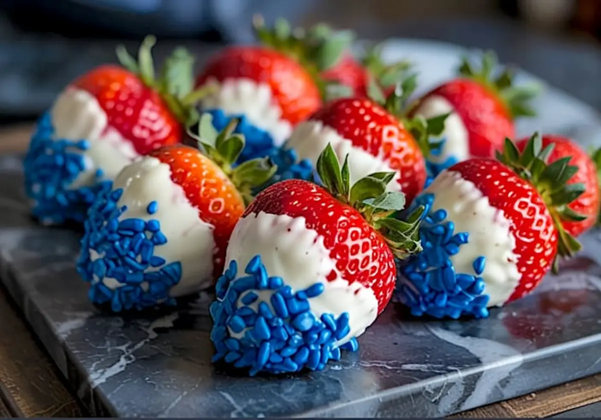 Fresh strawberries dipped in creamy white chocolate and coated with bright blue sprinkles, arranged on a dark marble serving board for a festive red, white, and blue dessert.