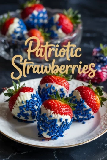 Patriotic-themed strawberries dipped in white chocolate and blue sprinkles, served on a white plate with a glass bowl of more decorated strawberries in the background, with “Patriotic Strawberries” text overlay.
