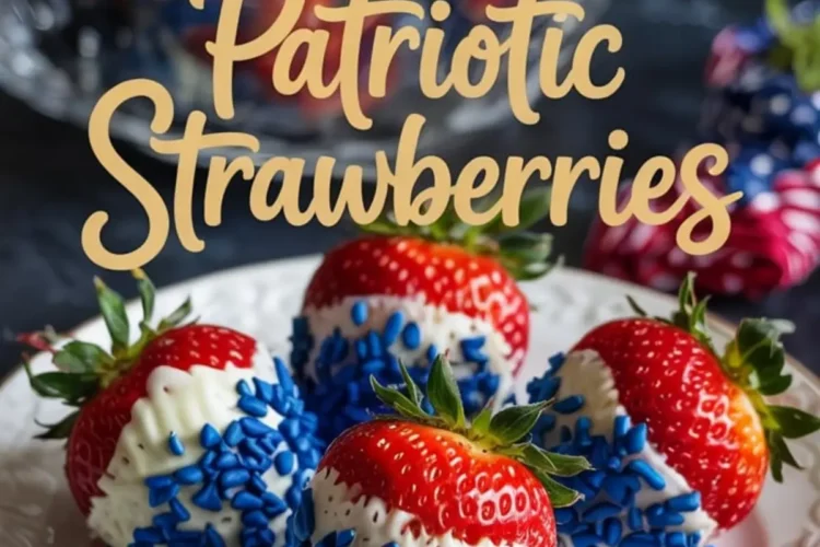Patriotic-themed strawberries dipped in white chocolate and blue sprinkles, served on a white plate with a glass bowl of more decorated strawberries in the background, with “Patriotic Strawberries” text overlay.