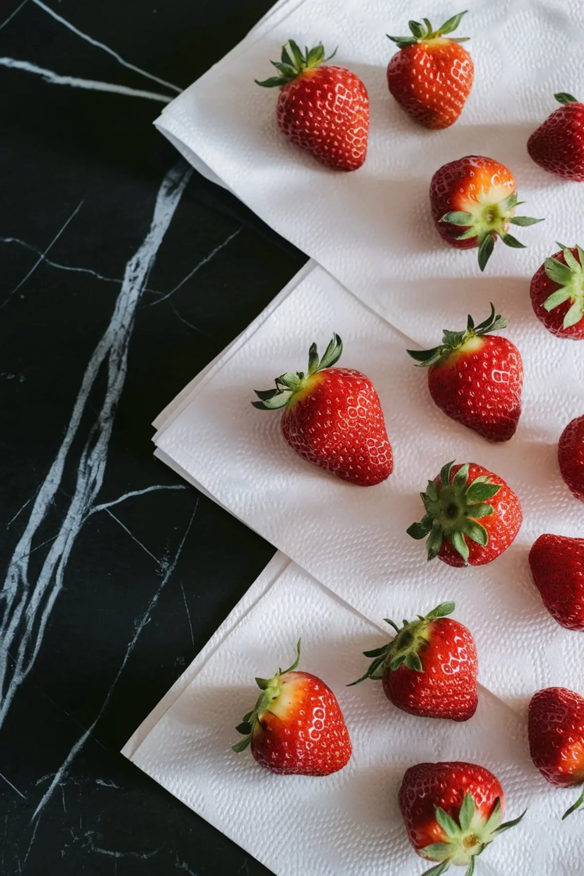Fresh red strawberries drying on white paper towels atop a black marble surface, prepped for dipping and decorating.
