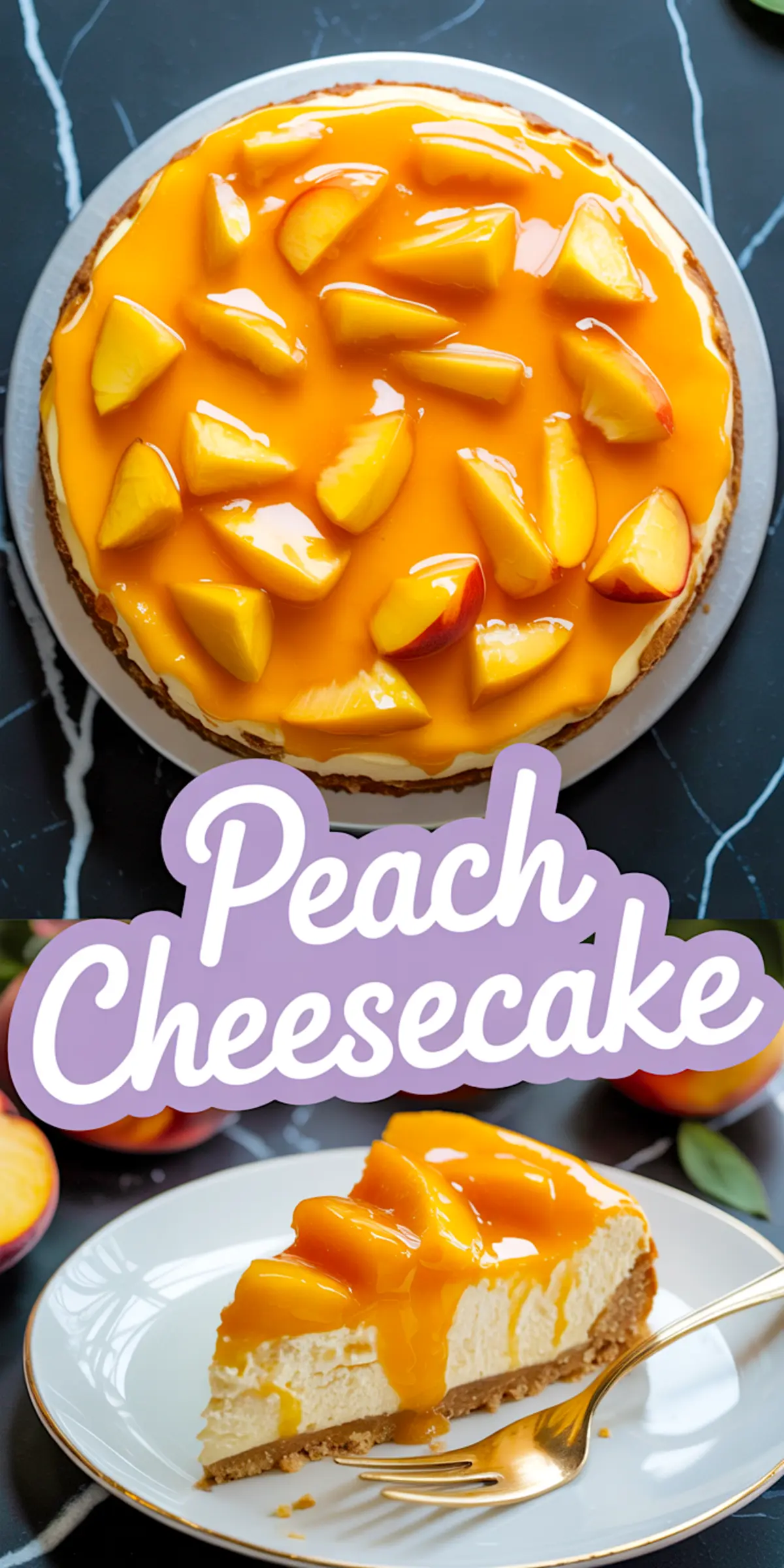 Collage image of a whole peach cheesecake topped with glossy peach slices and a close-up of a plated slice with golden crust and dripping peach glaze, labeled “Peach Cheesecake.”