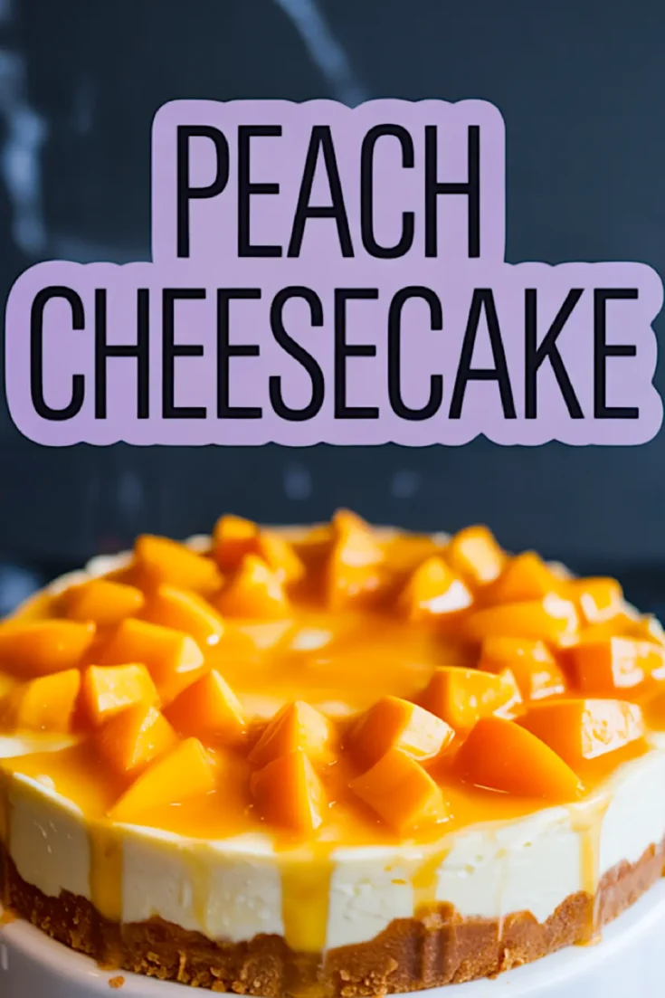 Close-up of a peach cheesecake with thick peach topping and golden crust, set against a dark background with bold text “Peach Cheesecake” in a purple label overlay.
