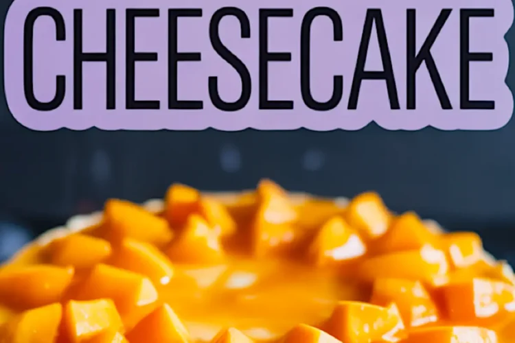 Close-up of a peach cheesecake with thick peach topping and golden crust, set against a dark background with bold text “Peach Cheesecake” in a purple label overlay.