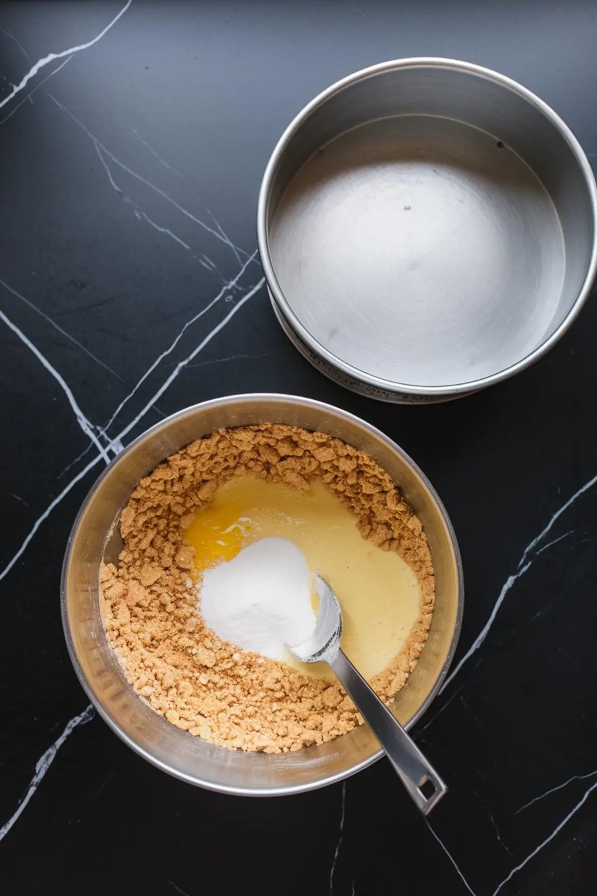 Overhead shot of a metal mixing bowl with crushed graham crackers, melted butter, and sugar being combined for a cheesecake crust, placed next to an empty round cake pan on a black marble surface.