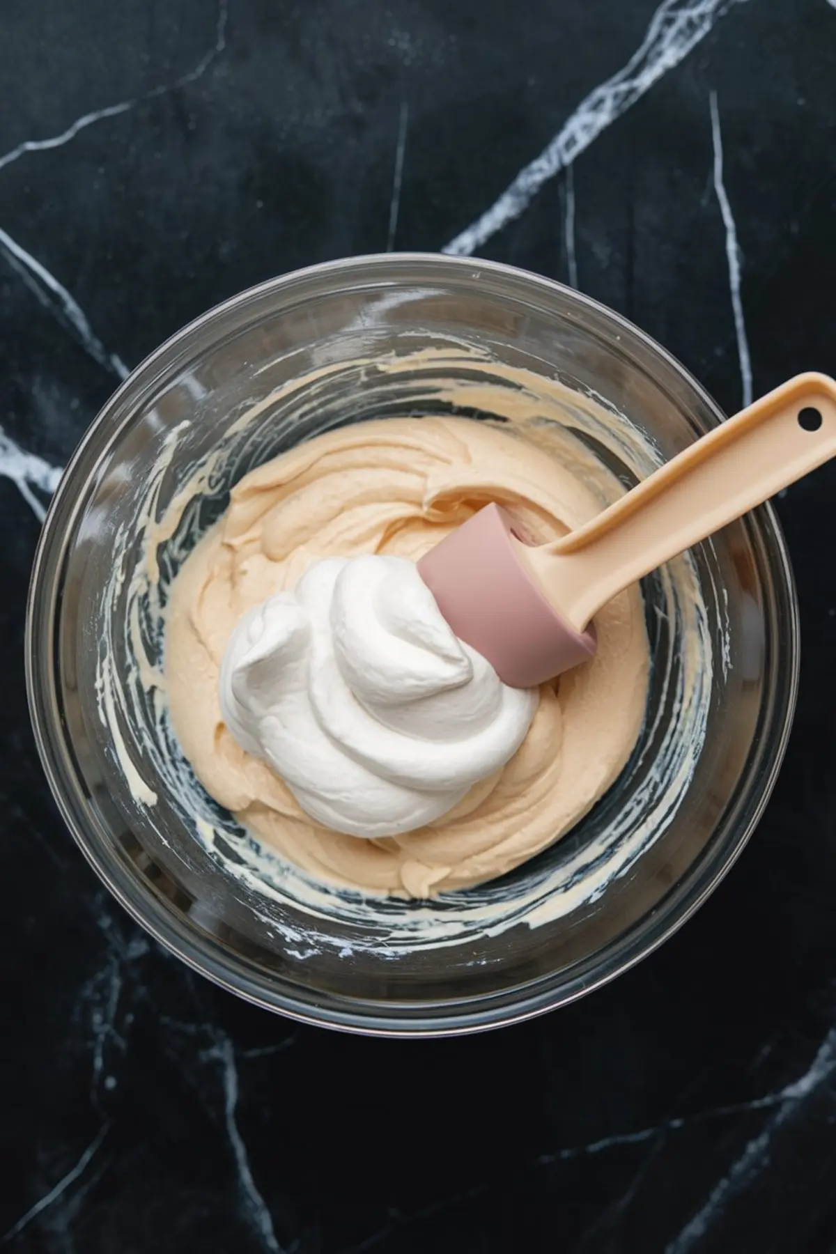 Overhead view of a glass bowl with creamy peach cheesecake filling, as whipped topping is being folded in with a pink silicone spatula on a dark marble surface.
