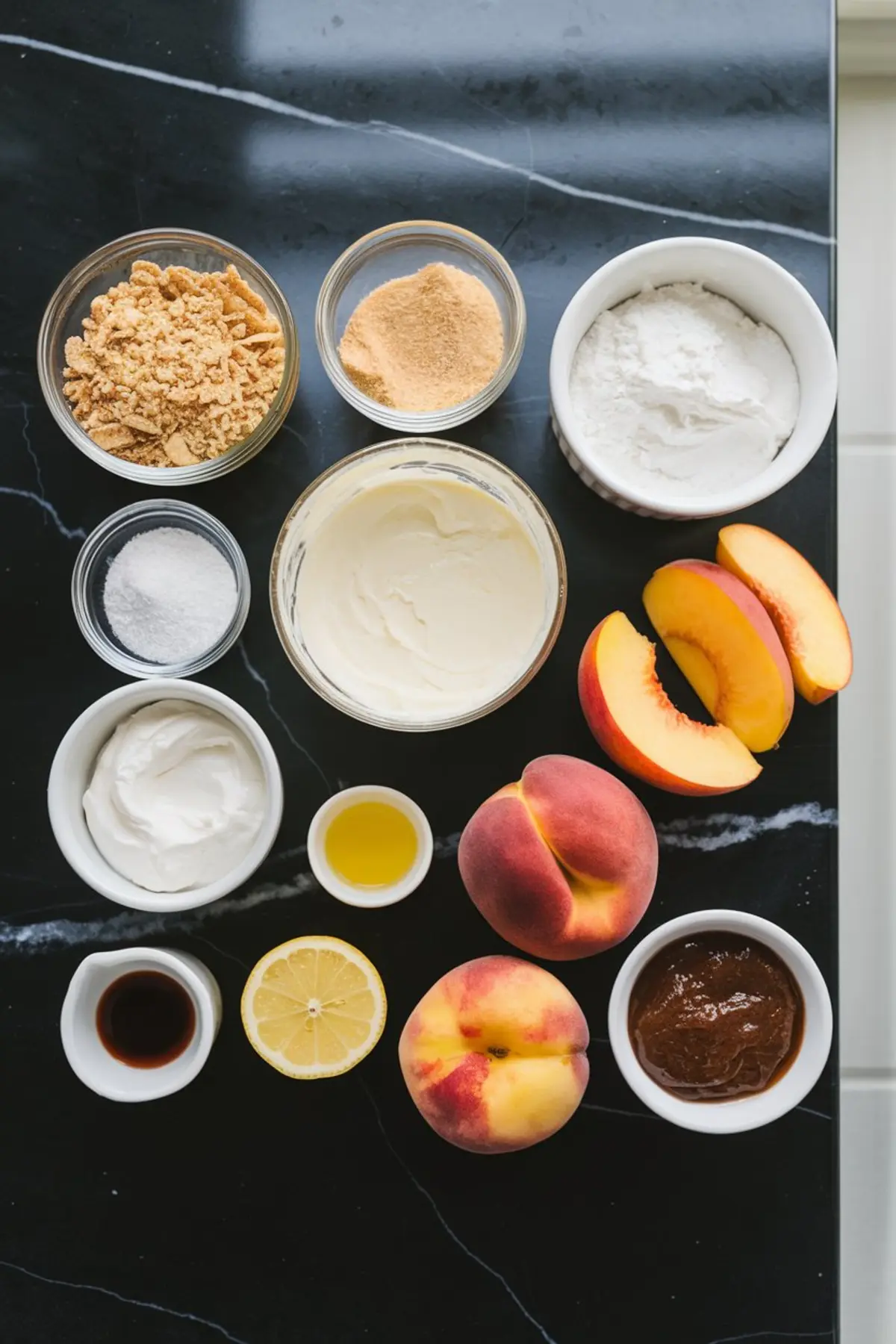 Flat lay of fresh peach cheesecake ingredients including whole peaches, peach slices, lemon, vanilla extract, graham cracker crumbs, whipped cream, powdered sugar, and cream cheese on a black countertop.