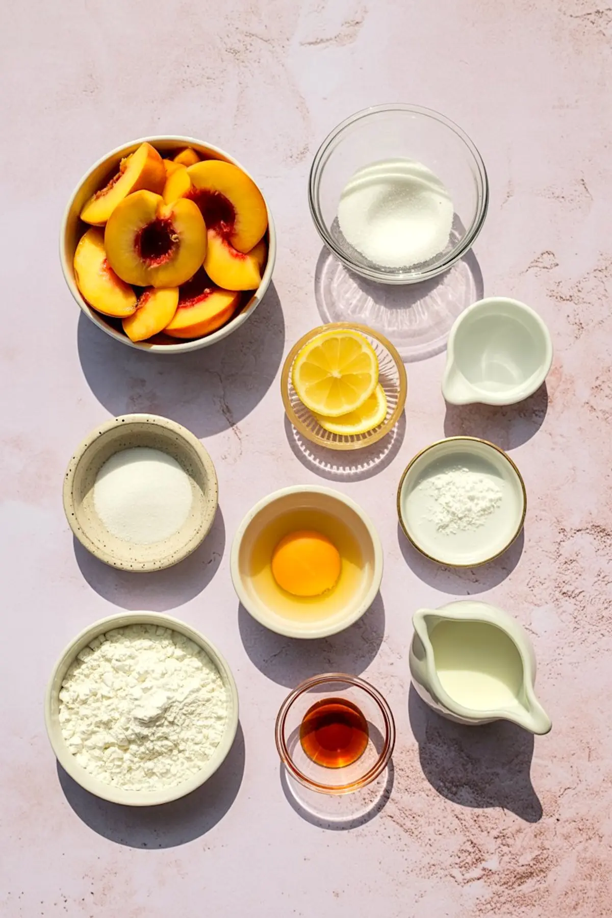 Flat lay of ingredients for peach puff pastry dessert: fresh peaches, lemon, sugar, flour, vanilla, egg, and milk arranged on a pink background.
