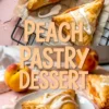 Peach turnover pastry plated with melted icing drizzle, fresh peaches in background. Perfect for summer peach pastry desserts.