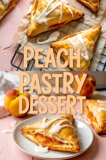 Peach turnover pastry plated with melted icing drizzle, fresh peaches in background. Perfect for summer peach pastry desserts.