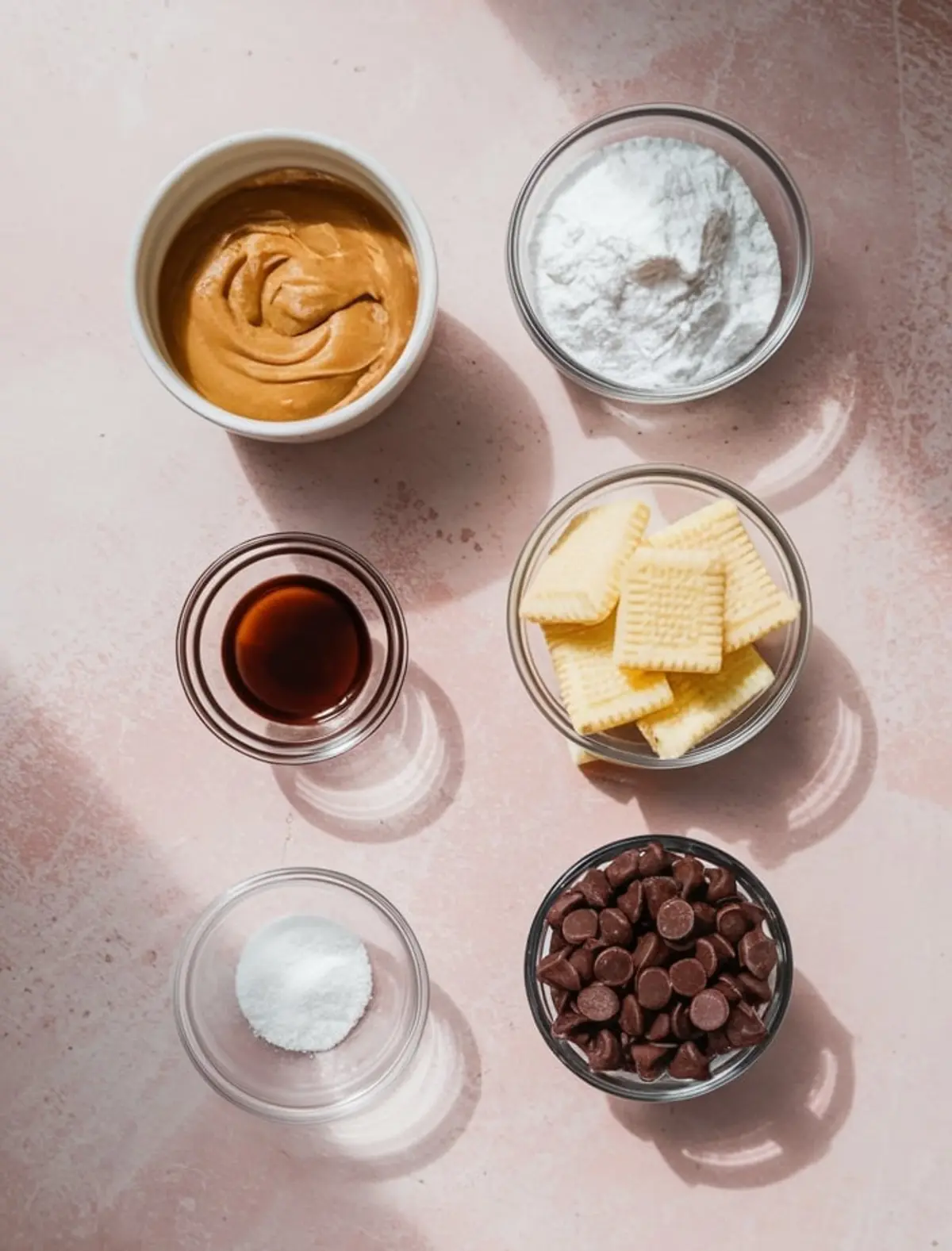 Flat lay of peanut butter no-bake cookie ingredients on a pink background, including creamy peanut butter, powdered sugar, vanilla extract, butter crackers, chocolate chips, and a small bowl of salt.
