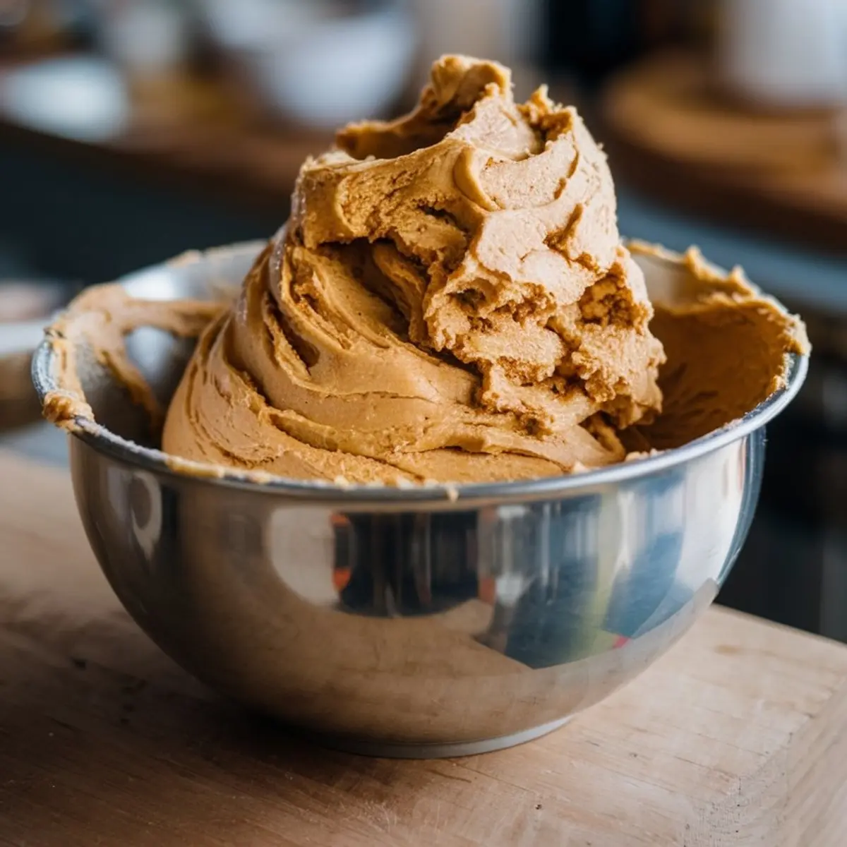 Large mixing bowl filled with thick, creamy peanut butter cookie dough for no-bake desserts, set on a wooden counter.
