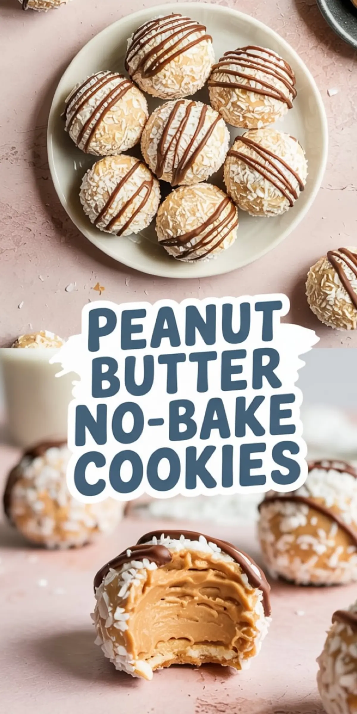 Overhead and close-up view of peanut butter no-bake cookies on a plate and parchment, showing the soft peanut butter filling and chocolate drizzle with a clear recipe title in text overlay.
