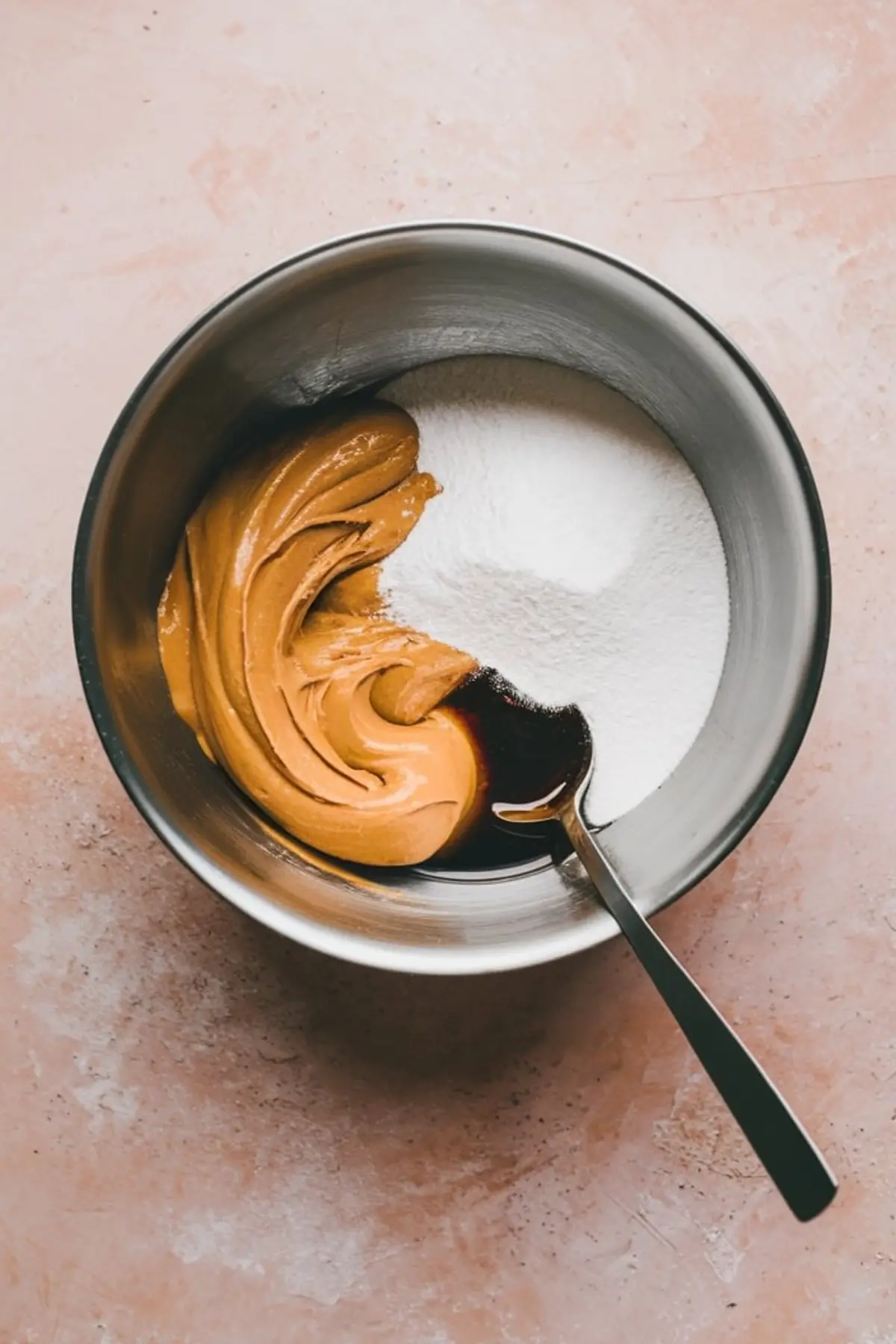 Mixing bowl containing smooth peanut butter, powdered sugar, and vanilla extract, ready to blend for an easy no-bake cookie recipe with few ingredients.
