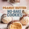 Flat lay and close-up of peanut butter no-bake cookies decorated with chocolate drizzle, highlighting the soft peanut butter center and coconut coating with a clear recipe name in bold text.
