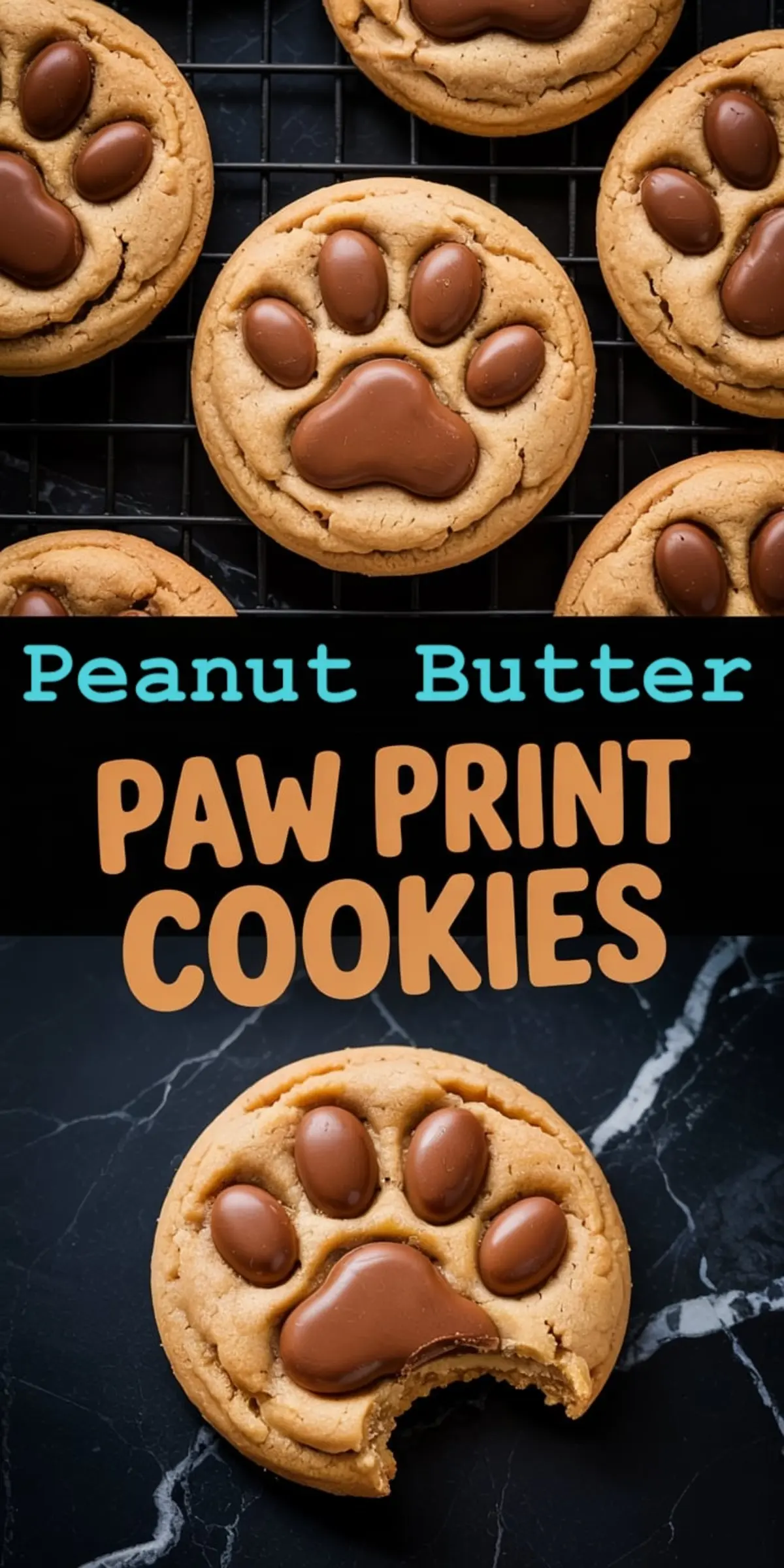 Overhead and close-up views of soft peanut butter cookies decorated with melted chocolate shaped like dog paw prints, placed on a black wire rack and dark marble surface.
