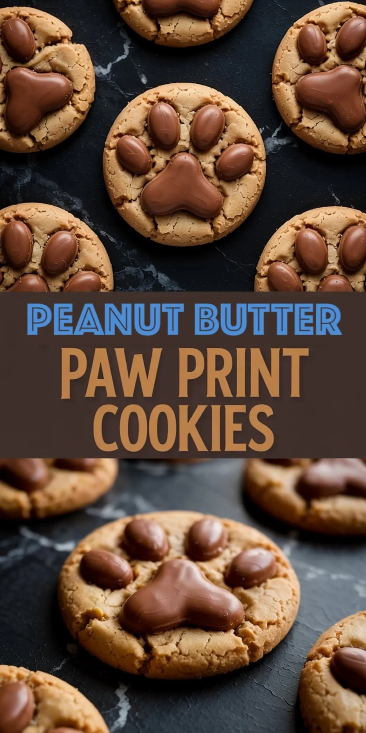 Cracked peanut butter cookies with chocolate paw print designs displayed on a black marble background, combining a flat lay and angled perspective.