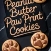 Flat lay of peanut butter paw print cookies arranged around a black cutting board with stylized lettering that spells out “Peanut Butter Paw Print Cookies” in tan icing.