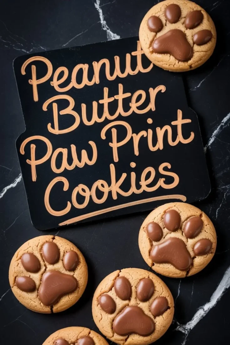 Flat lay of peanut butter paw print cookies arranged around a black cutting board with stylized lettering that spells out “Peanut Butter Paw Print Cookies” in tan icing.