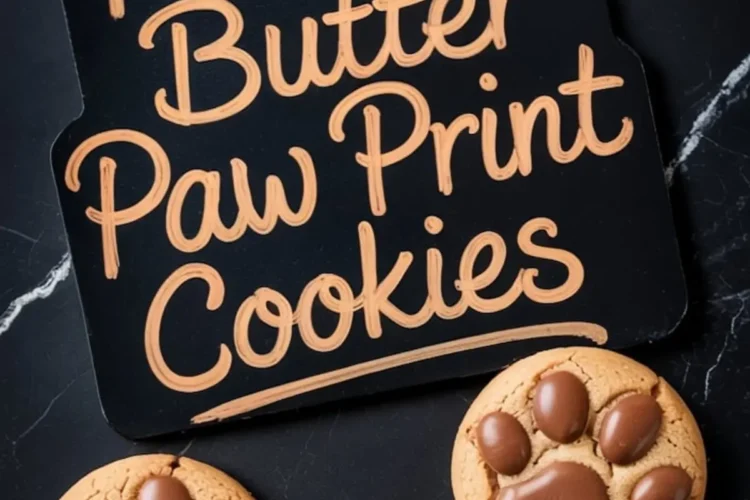Flat lay of peanut butter paw print cookies arranged around a black cutting board with stylized lettering that spells out “Peanut Butter Paw Print Cookies” in tan icing.