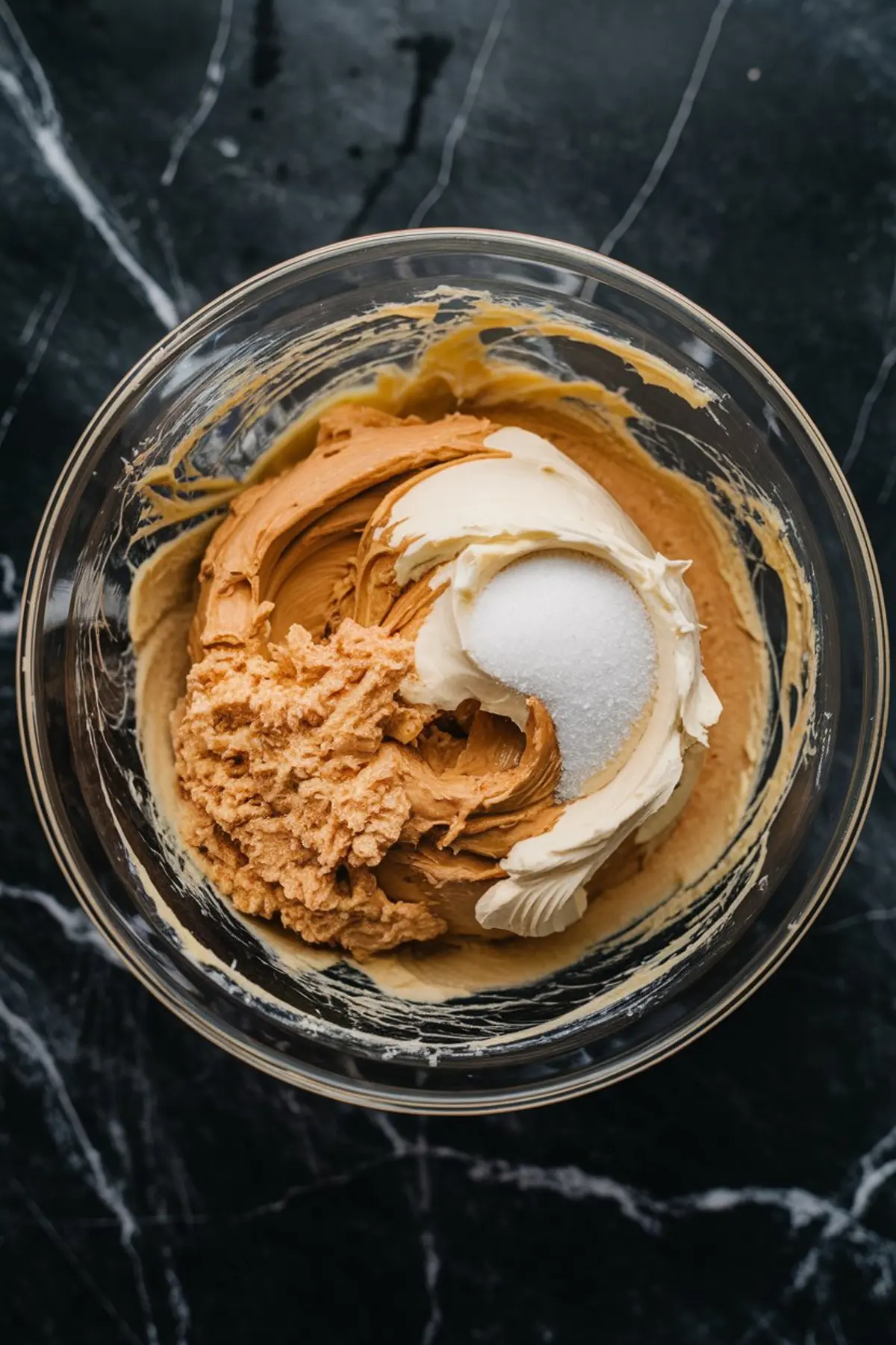 Glass mixing bowl filled with creamy peanut butter, sugar, and softened butter being combined on a dark marble surface.