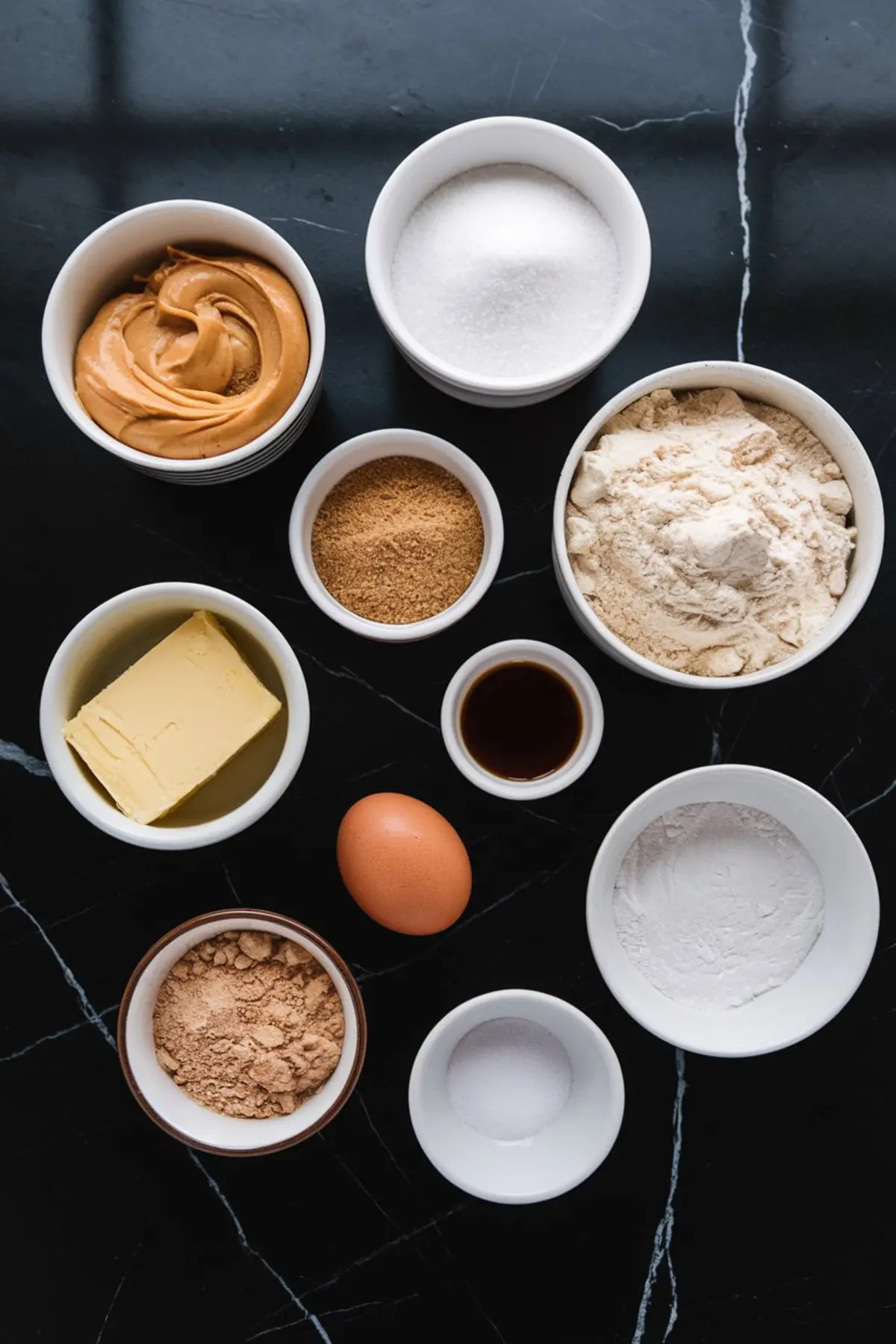 Assorted baking ingredients including peanut butter, butter, flour, sugar, vanilla extract, egg, and baking powder arranged in small white bowls on a black countertop.