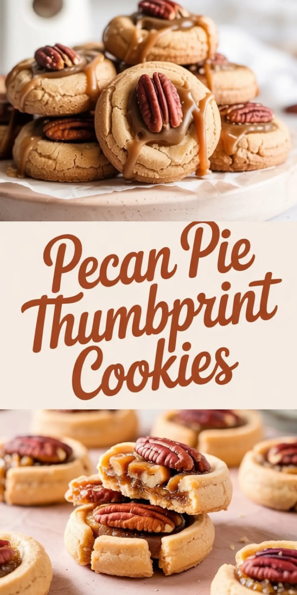 Collage showing pecan pie thumbprint cookies with a top view of caramel-drenched pecan centers and a bottom view of cookies stacked and broken in half to reveal the gooey filling.