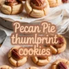 Collage of pecan pie thumbprint cookies featuring cracked sugar cookie bases, gooey caramel centers, and pecan halves, arranged on a round tray and wax paper.