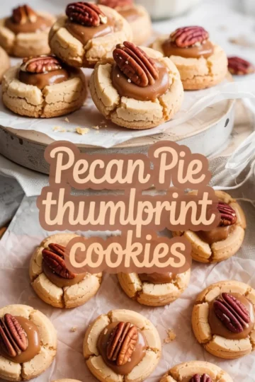 Collage of pecan pie thumbprint cookies featuring cracked sugar cookie bases, gooey caramel centers, and pecan halves, arranged on a round tray and wax paper.