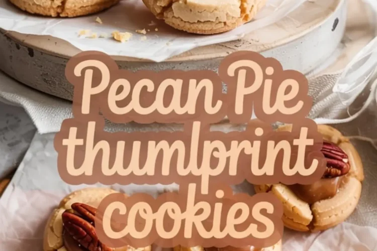 Collage of pecan pie thumbprint cookies featuring cracked sugar cookie bases, gooey caramel centers, and pecan halves, arranged on a round tray and wax paper.