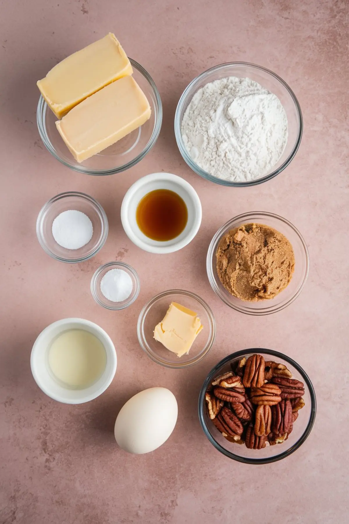 Flat lay of individual pecan pie cookie ingredients including butter, flour, brown sugar, egg, pecans, and vanilla extract in small glass bowls on a blush pink surface.