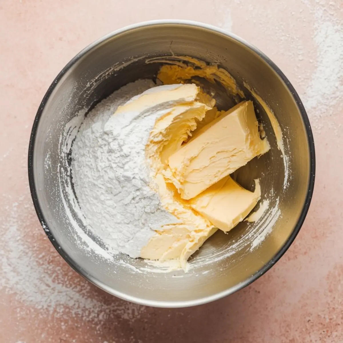 Butter, powdered sugar, and other dry ingredients partially mixed in a metal bowl, showcasing an early step in cookie dough preparation on a flour-dusted pink surface.