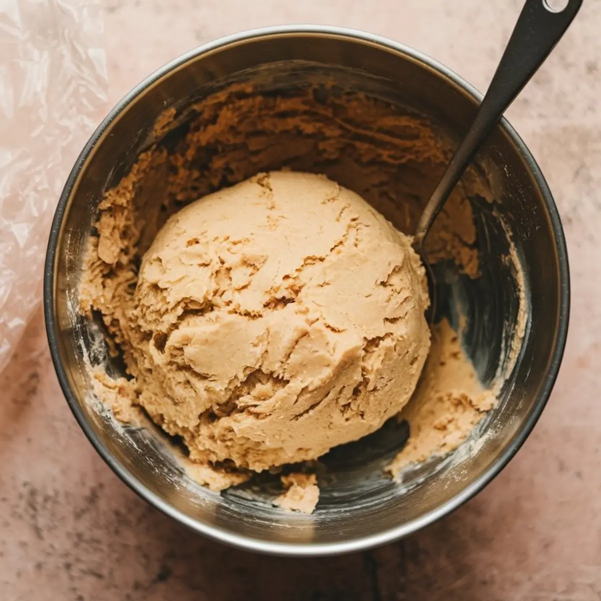 Thick peanut butter cookie dough mixture in a large metal mixing bowl with a black handle spoon, placed on a textured pink surface.