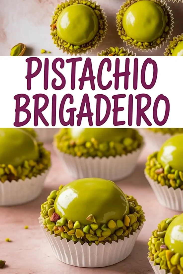 Collage image of pistachio brigadeiros with bright green glaze and crushed pistachios around the base, set in white paper cups, with bold text reading “Pistachio Brigadeiro.”