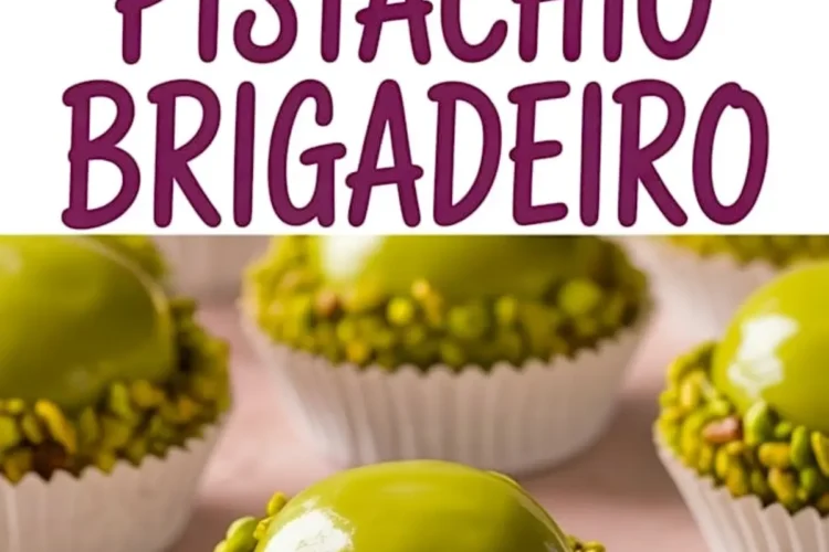 Collage image of pistachio brigadeiros with bright green glaze and crushed pistachios around the base, set in white paper cups, with bold text reading “Pistachio Brigadeiro.”