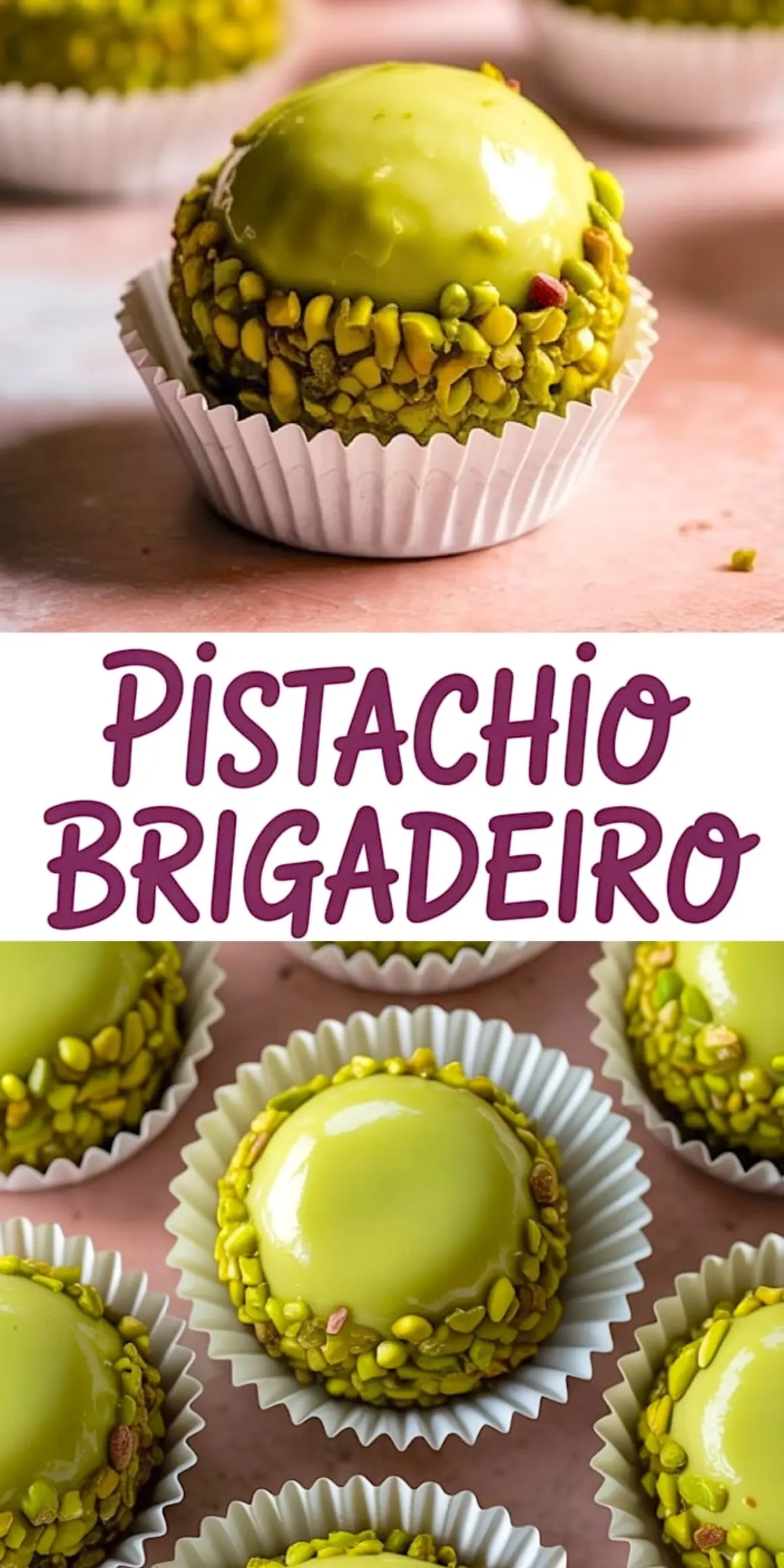 Collage image showing close-up of pistachio brigadeiros decorated with vibrant chopped pistachios, with clean white liners and bold “Pistachio Brigadeiro” text.