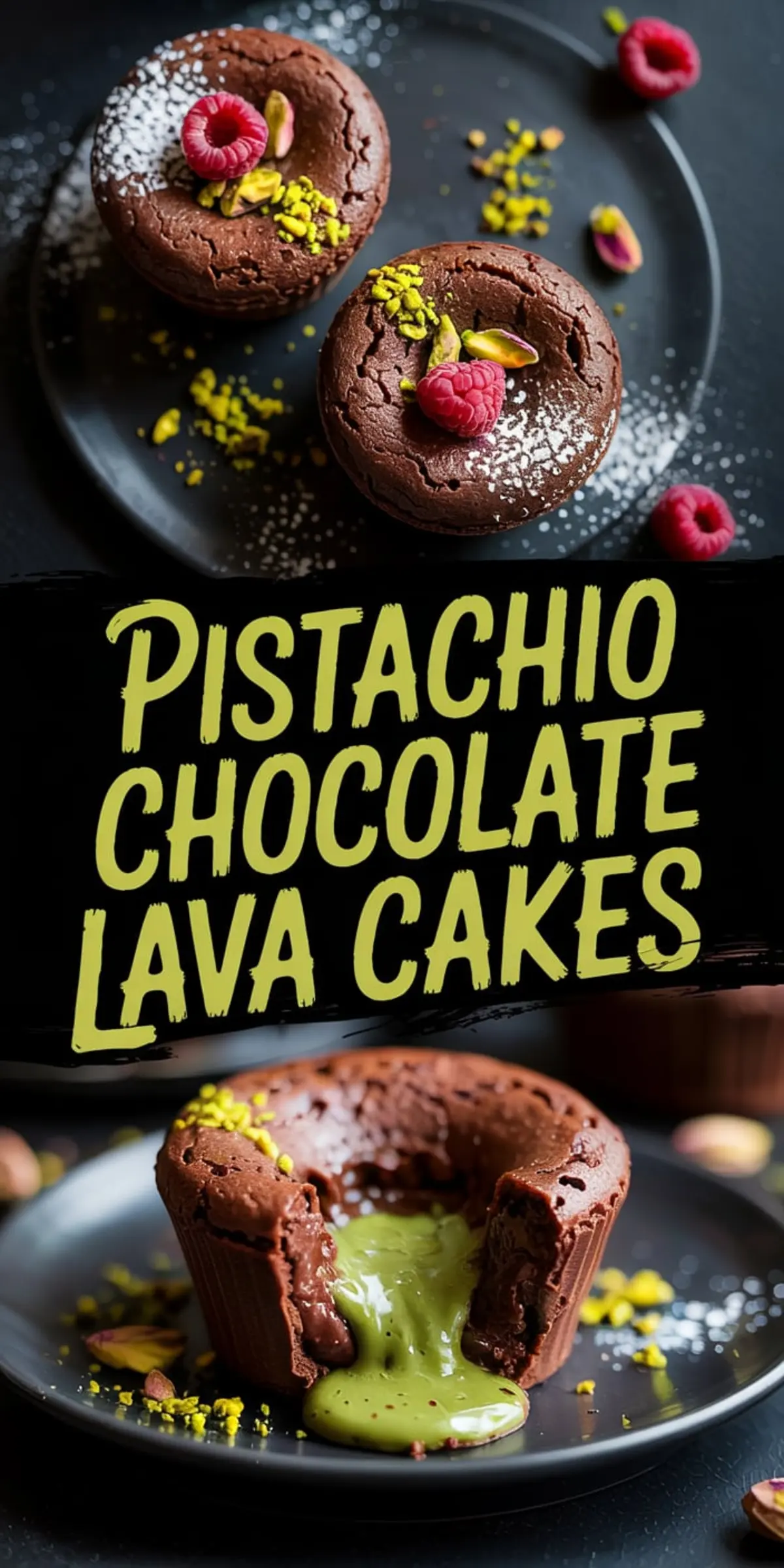 Stylized collage of decadent pistachio chocolate lava cakes, featuring whole cakes topped with raspberries and a cut cake oozing green pistachio lava filling, highlighted by bold “Pistachio Chocolate Lava Cakes” text.