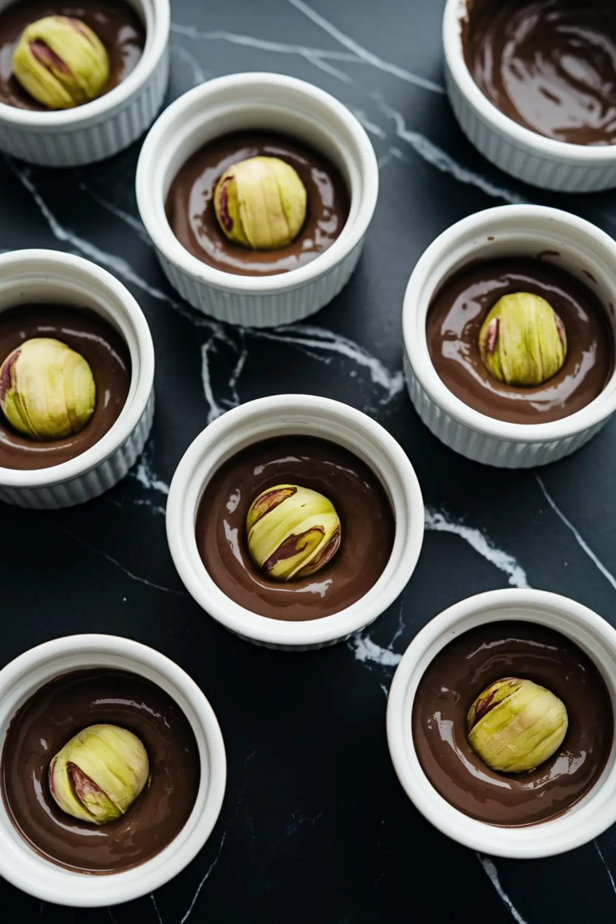 Ramekins filled with chocolate batter, each centered with a pistachio filling ball, prepared for baking into gooey lava cakes.