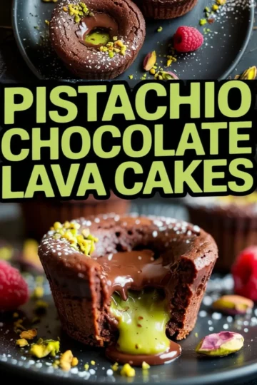 Close-up collage of rich pistachio chocolate lava cakes with a molten chocolate and green pistachio center, garnished with crushed pistachios and raspberries on a dark plate, with bold text reading “Pistachio Chocolate Lava Cakes.”